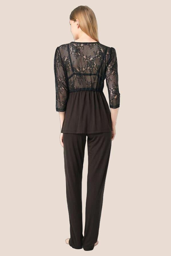 Arias Closet Dantelli Sabahlık Balensiz Desteksiz Dolgusuz Yaka Detaylı Sütyen ve Pantolon Pijama 3'lü Takım