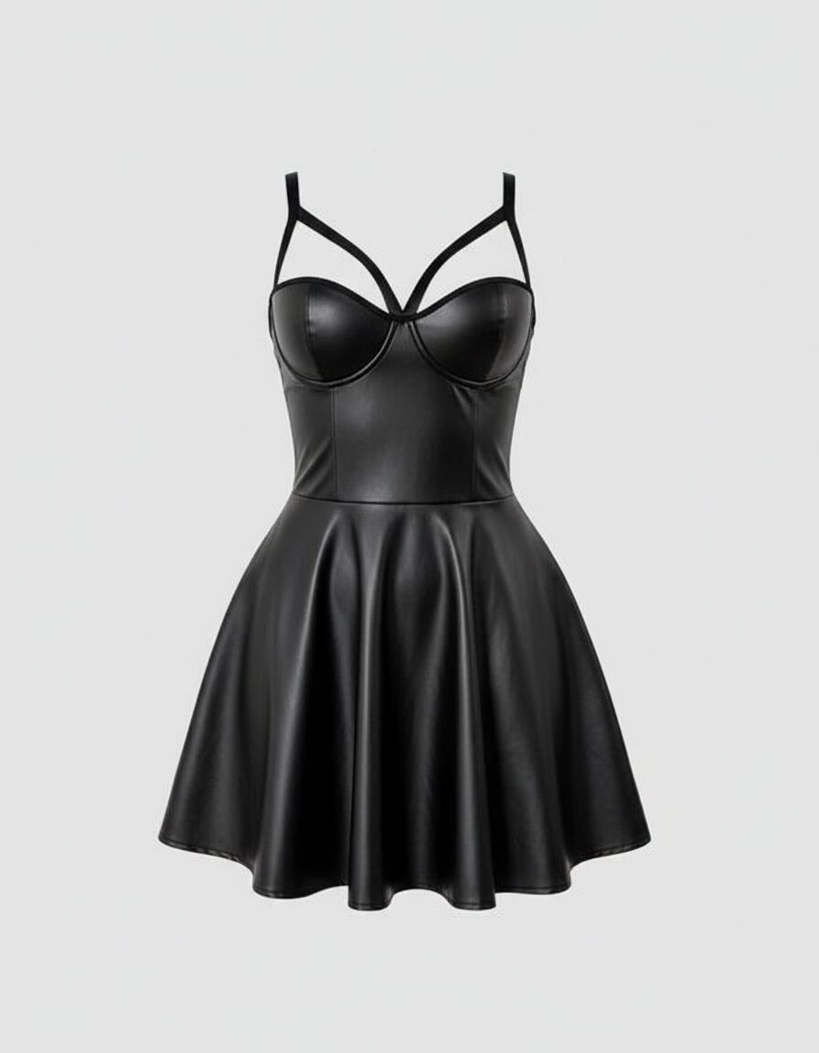 Siyah Etekli Pileli Göğüs Detaylı Fantezi Deri Elbise