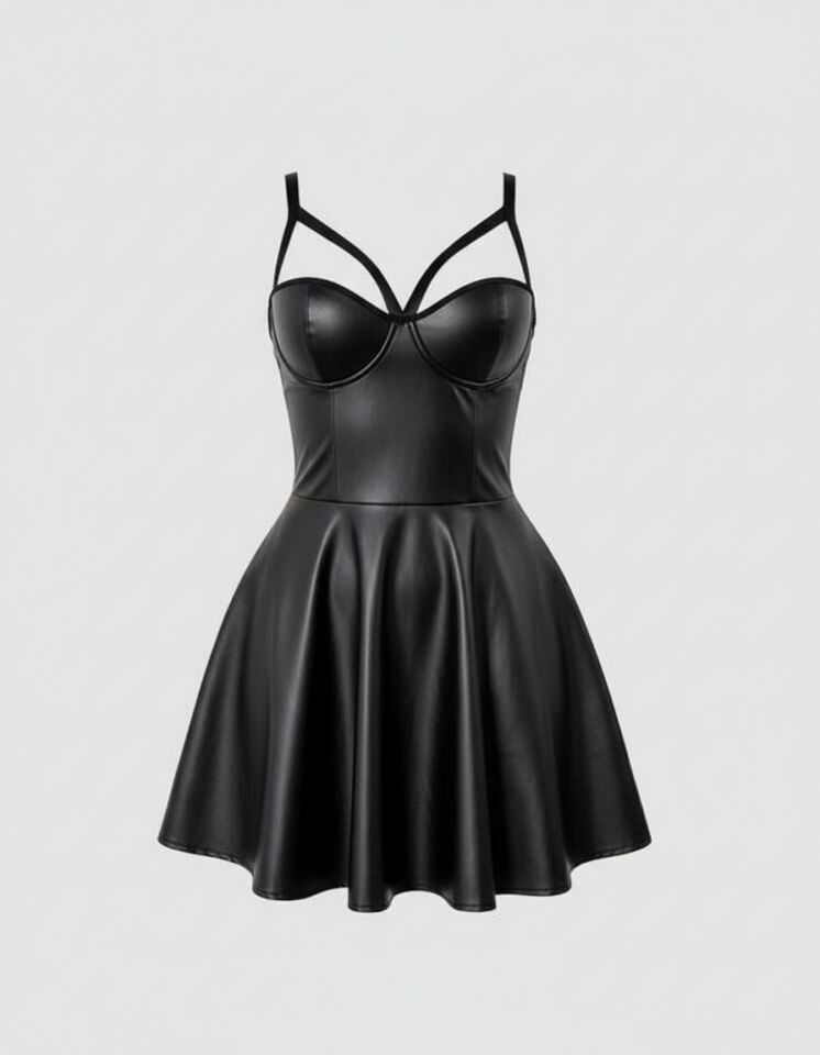 Arias Closet Siyah Etekli Pileli Göğüs Detaylı Fantezi Deri Elbise