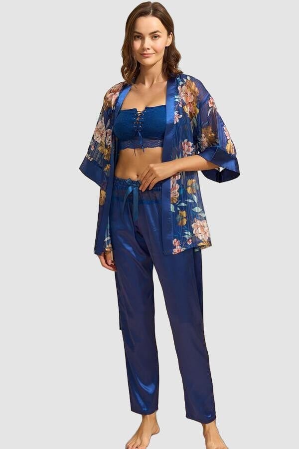 Arias Closet Tül Çiçek Baskılı Sabahlık Balensiz Desteksiz Dolgusuz Dantelli Büstiyer Sütyen ve Saten Pantolon Pijama 3'lü Takım