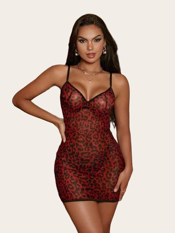 Arias Closet Leopar Desenli Sırt İp Detaylı Askılı Saten Kısa Fantezi Gecelik