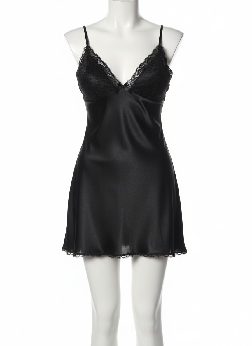 Arias Closet Dantel İşlemeli İnce Askılı Siyah Fantezi Saten Gecelik