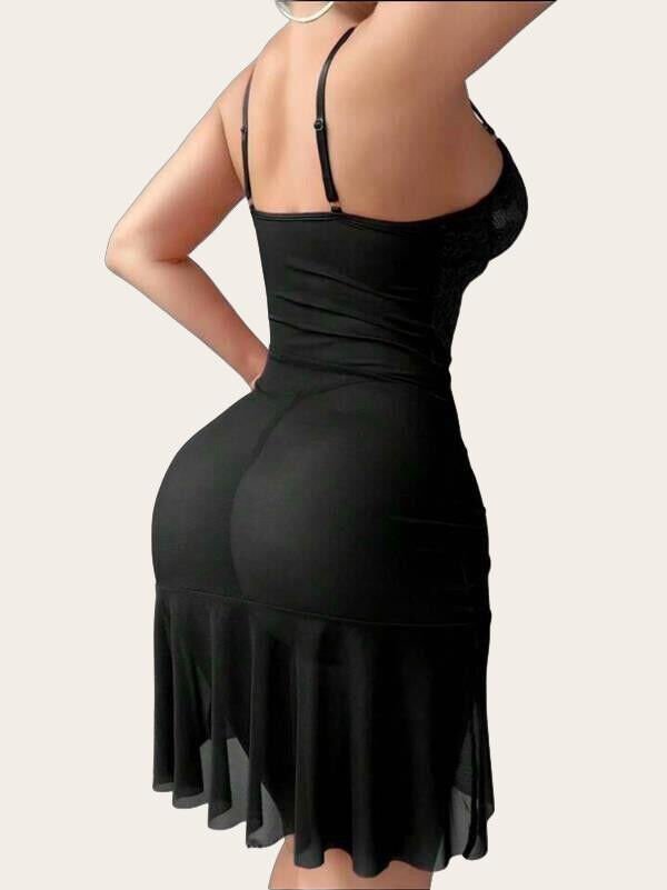 Arias Closet Fırfırlı Dantel İşlemeli Tül Fantezi Siyah Gecelik