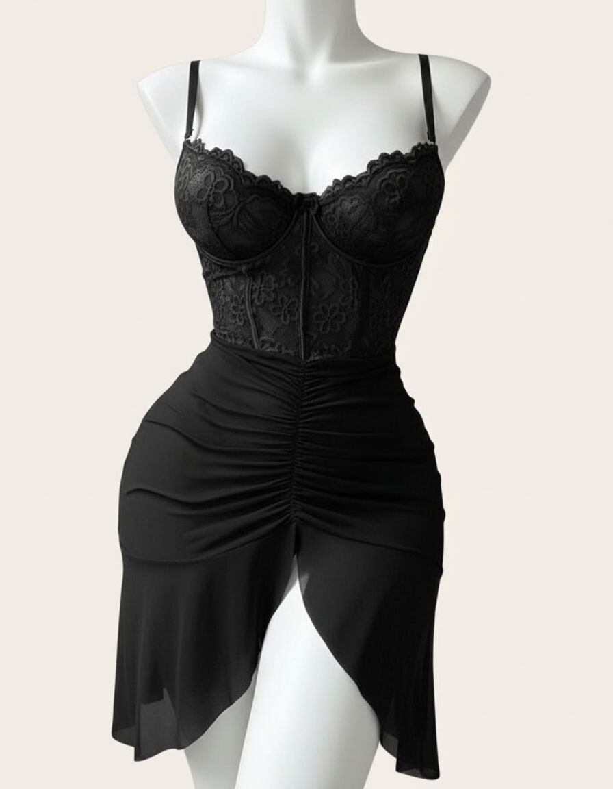 Arias Closet Fırfırlı Dantel İşlemeli Tül Fantezi Siyah Gecelik