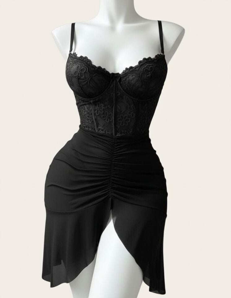 Arias Closet Fırfırlı Dantel İşlemeli Tül Fantezi Siyah Gecelik