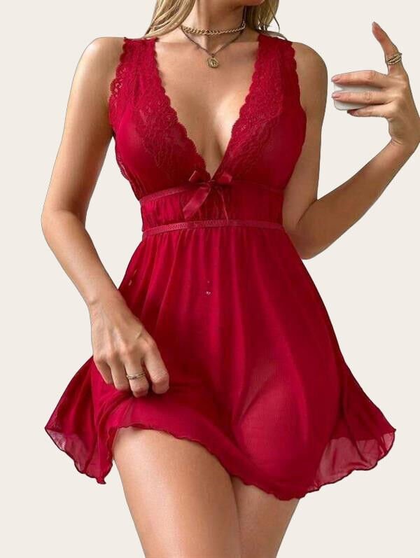 Arias Closet Kırmızı Dantel İşlemeli Tül Fantezi Gecelik