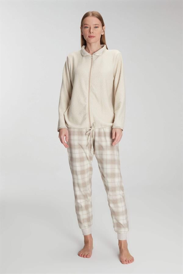 Arias Closet Fermuarlı Uzun Kol Sweatshirt Pantolon Takım Viskon ve Pamuklu Pijama Takımı