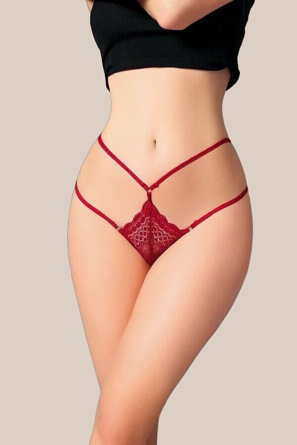 Fantezi Dantelli 2 İpli Bordo Tanga String