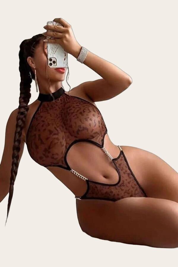 Transparan Leopar Desenli Zincir Detaylı Fantezi Body