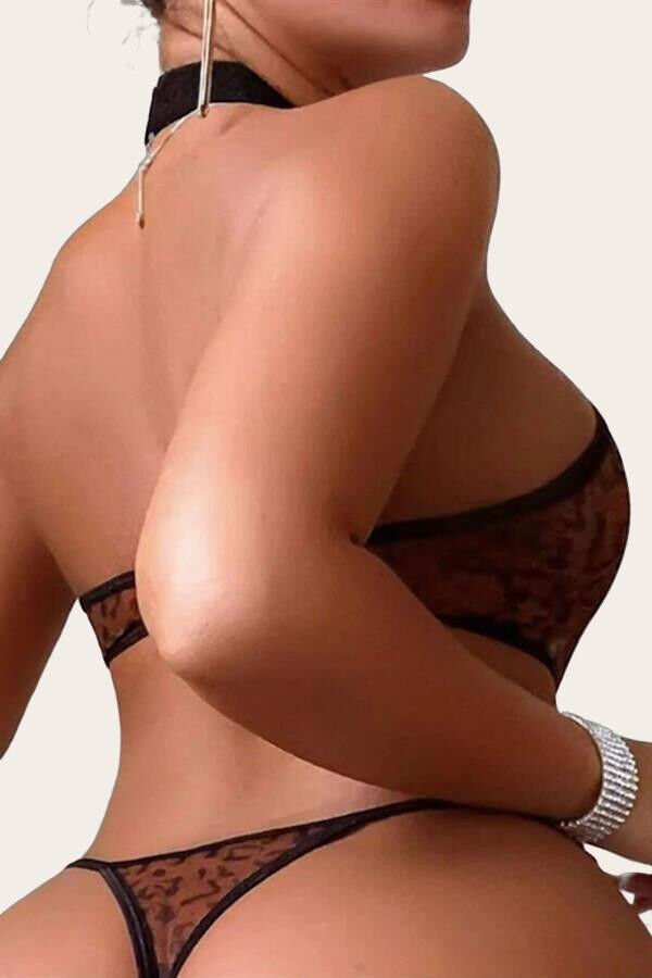 Transparan Leopar Desenli Zincir Detaylı Fantezi Body