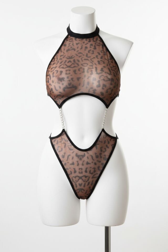 Transparan Leopar Desenli Zincir Detaylı Fantezi Body