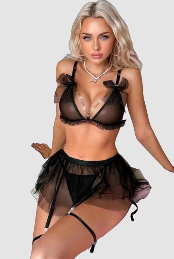 Transparan Siyah Zincir Detaylı Fantezi Tül Etekli Jartiyer Takımı