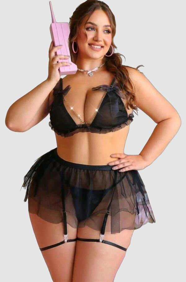 Transparan Siyah Zincir Detaylı Fantezi Tül Etekli Jartiyer Takımı