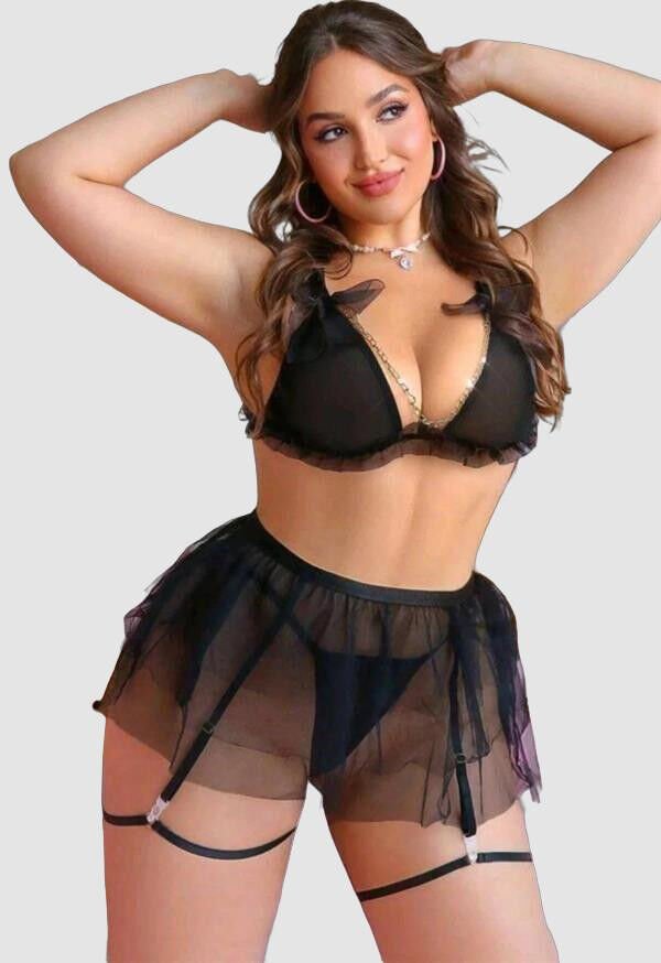 Transparan Siyah Zincir Detaylı Fantezi Tül Etekli Jartiyer Takımı