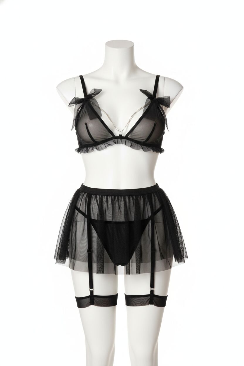 Transparan Siyah Zincir Detaylı Fantezi Tül Etekli Jartiyer Takımı