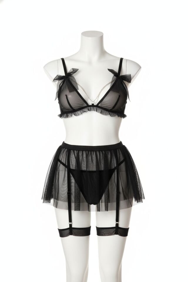 Transparan Siyah Zincir Detaylı Fantezi Tül Etekli Jartiyer Takımı