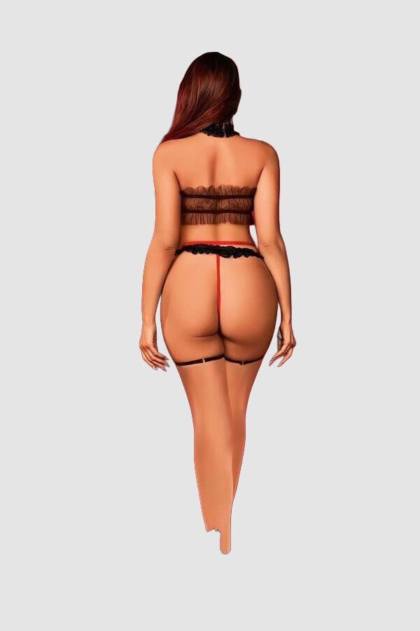 Transparan Siyah-Kırmızı Fantezi Bacak Bantlı Sütyen Külot Takımı