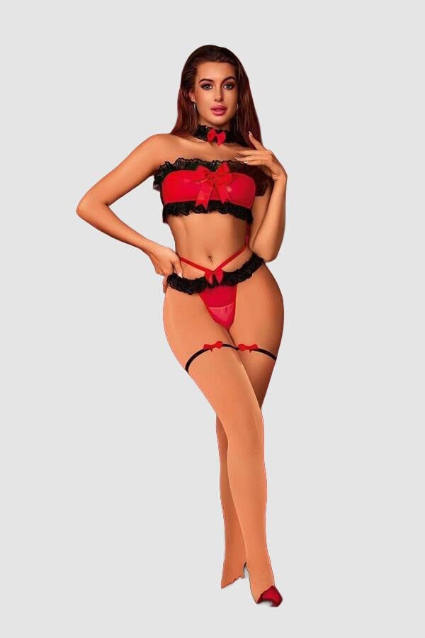 Transparan Siyah-Kırmızı Fantezi Bacak Bantlı Sütyen Külot Takımı