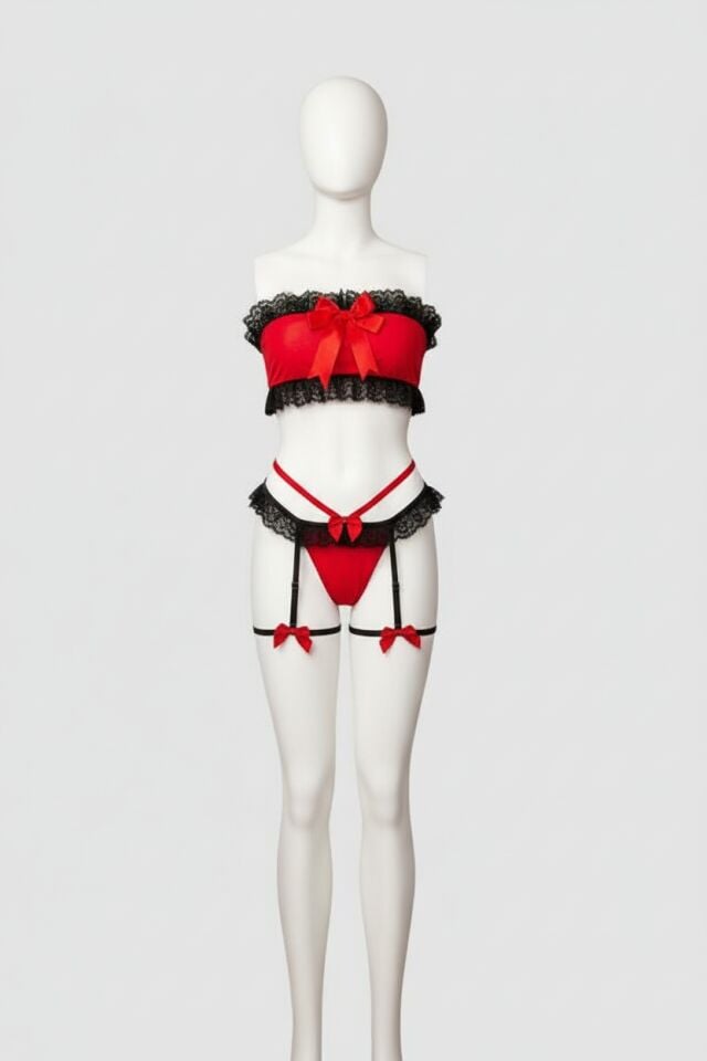 Transparan Siyah-Kırmızı Fantezi Bacak Bantlı Sütyen Külot Takımı