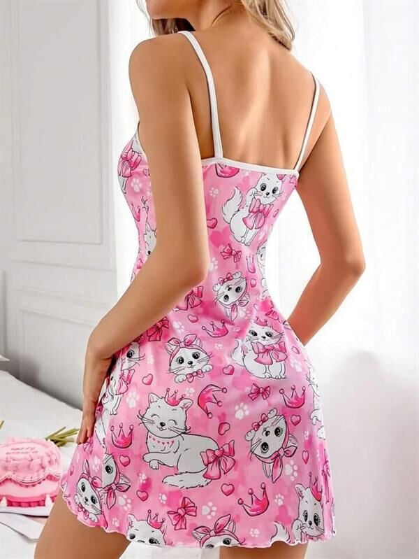 Arias Closet Pembe Kedi Desenli Fantezi Gecelik