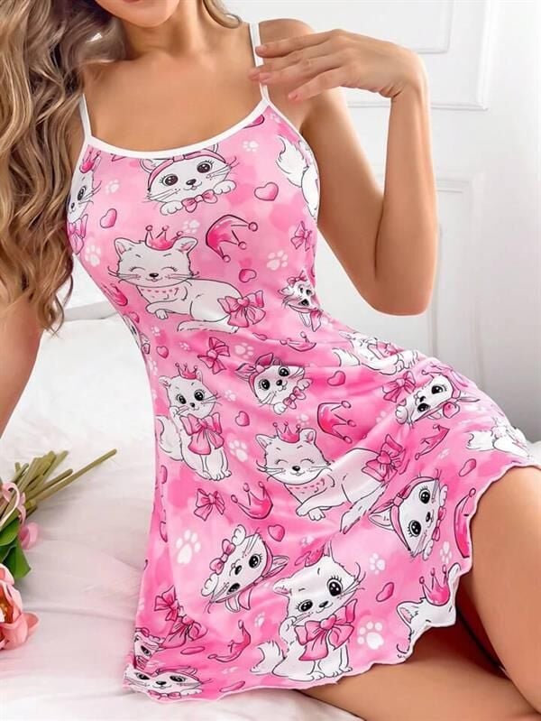 Arias Closet Pembe Kedi Desenli Fantezi Gecelik