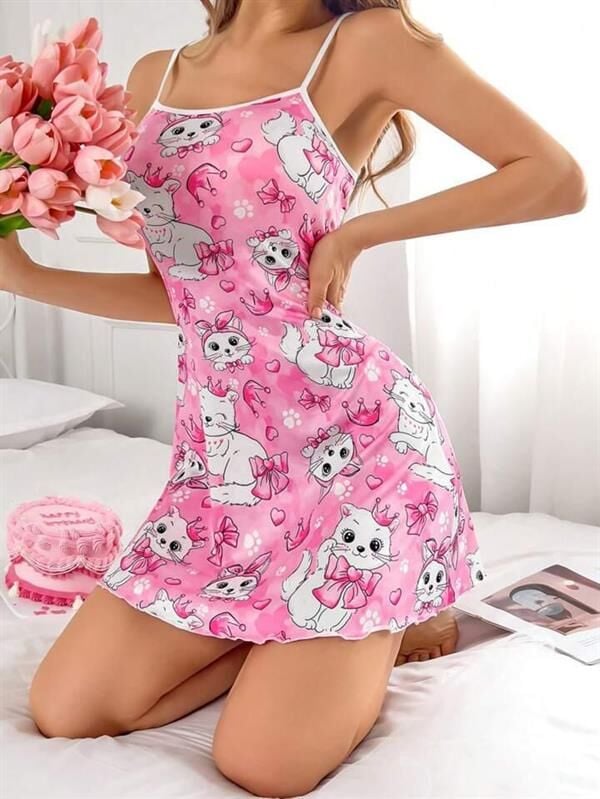 Arias Closet Pembe Kedi Desenli Fantezi Gecelik