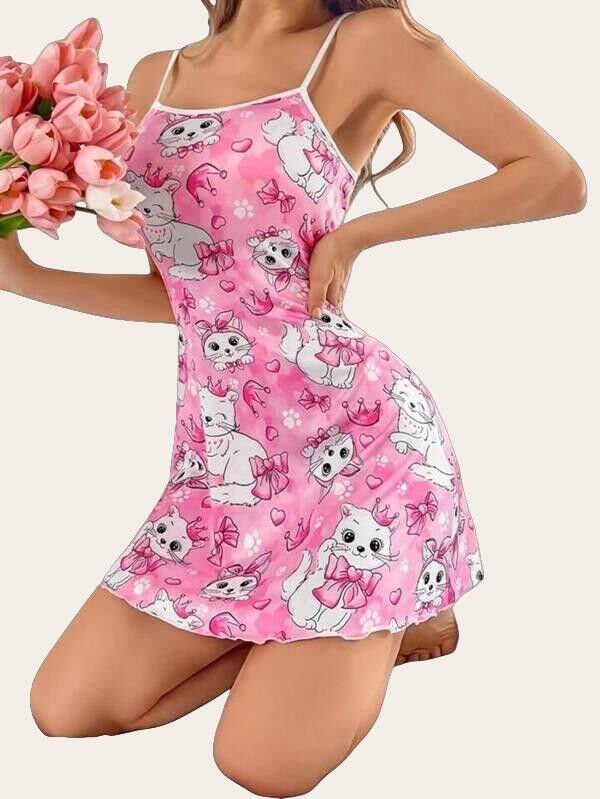 Arias Closet Pembe Kedi Desenli Fantezi Gecelik