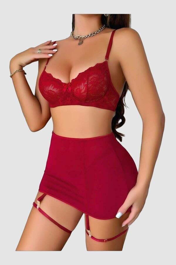 Transparan Kırmızı Dantel İşlemeli Fantezi Bacak Bantlı Etekli Jartiyer Takımı