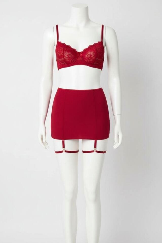 Transparan Kırmızı Dantel İşlemeli Fantezi Bacak Bantlı Etekli Jartiyer Takımı