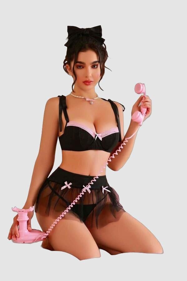 Transparan Siyah Kurdela Detaylı Fantezi Tül Etekli Sütyen Takımı