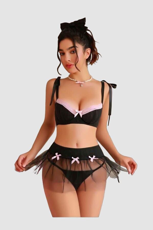 Transparan Siyah Kurdela Detaylı Fantezi Tül Etekli Sütyen Takımı