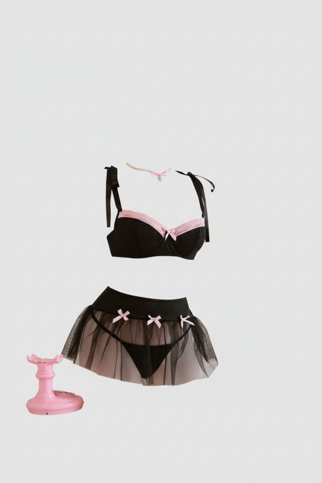 Transparan Siyah Kurdela Detaylı Fantezi Tül Etekli Sütyen Takımı