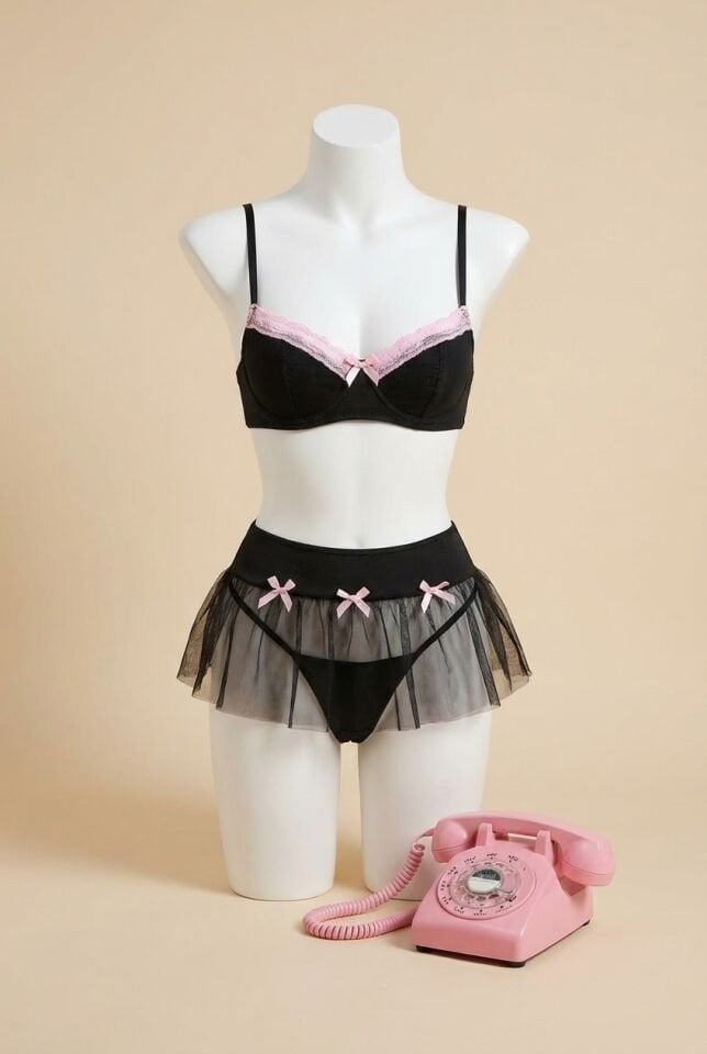 Transparan Siyah Kurdela Detaylı Fantezi Tül Etekli Sütyen Takımı