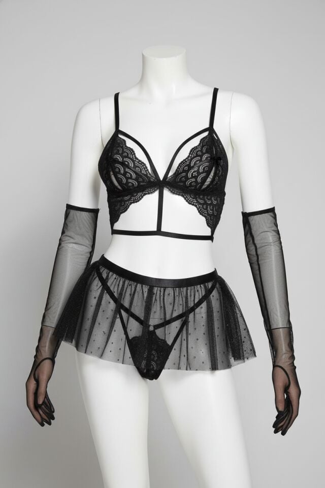 Transparan Siyah Tül Eldivenli Taşlı Etekli Fantezi Sütyen Takımı