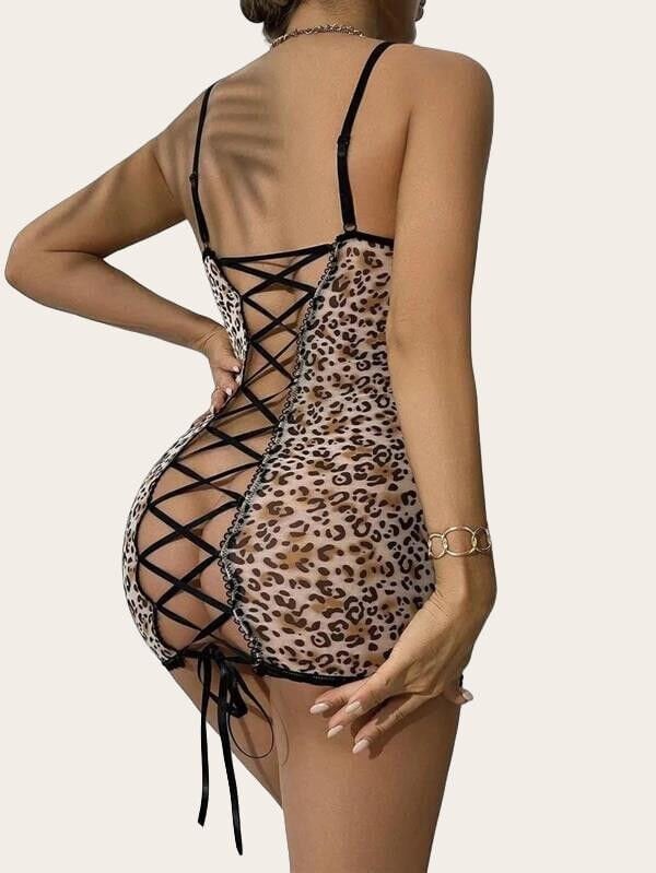 Transparan Leopar Tül Arkası Çapraz İpli Fantezi Gecelik