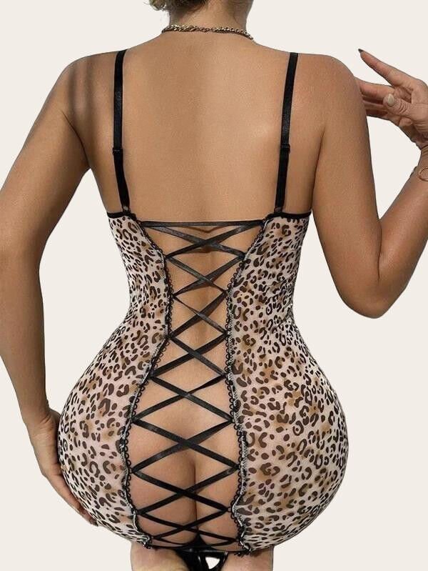 Transparan Leopar Tül Arkası Çapraz İpli Fantezi Gecelik