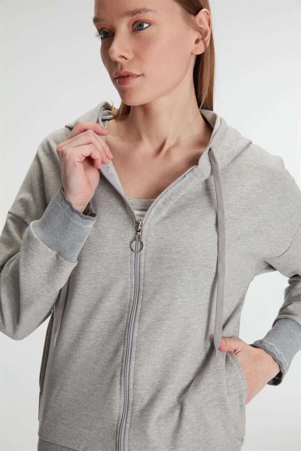 Arias Closet Pamuklu Uzun Kol Fermuarlı Swearshirt Sıfır Kol T-Shirt ve Pantolon Pijama Takım