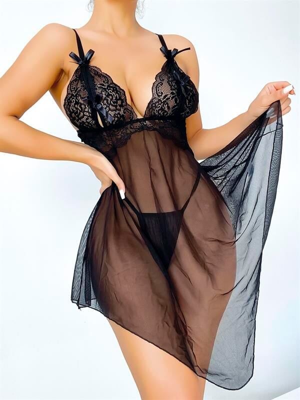 Arias Closet Dantel İşlemeli Kurdelalı Fantezi Siyah Gecelik Takımı