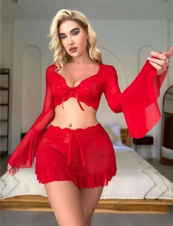 Arias Closet Kırmızı Transparan Fantezi Etekli Gecelik Takım