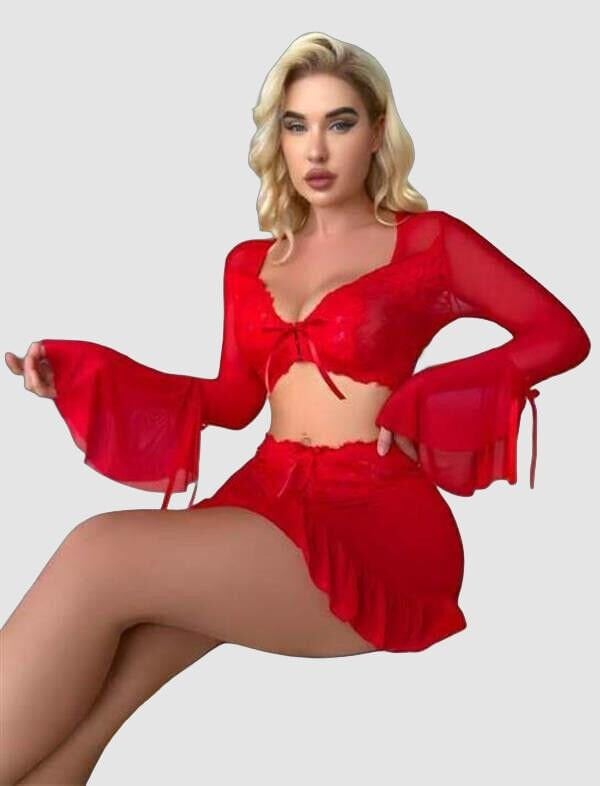 Arias Closet Kırmızı Transparan Fantezi Etekli Gecelik Takım