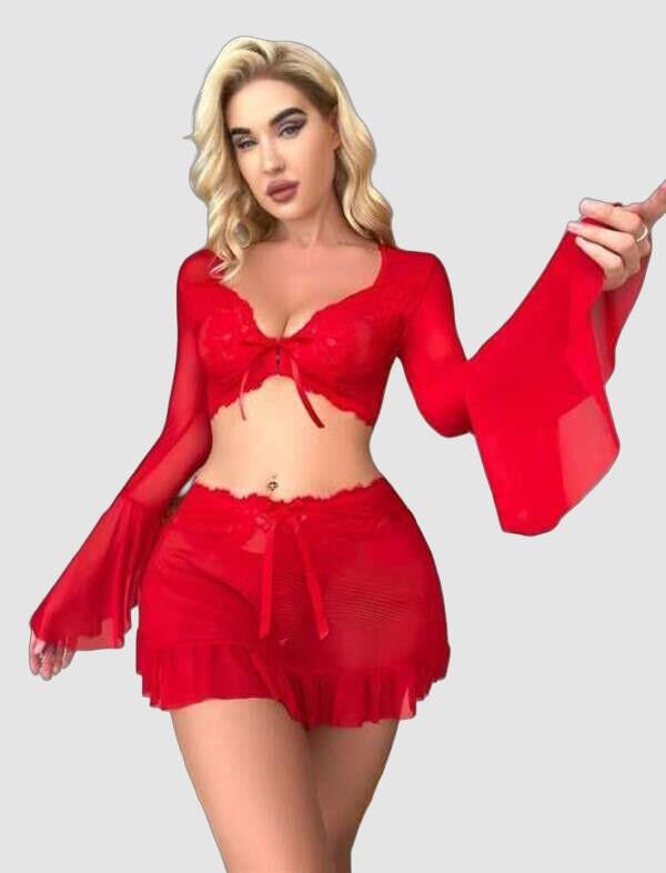 Arias Closet Kırmızı Transparan Fantezi Etekli Gecelik Takım