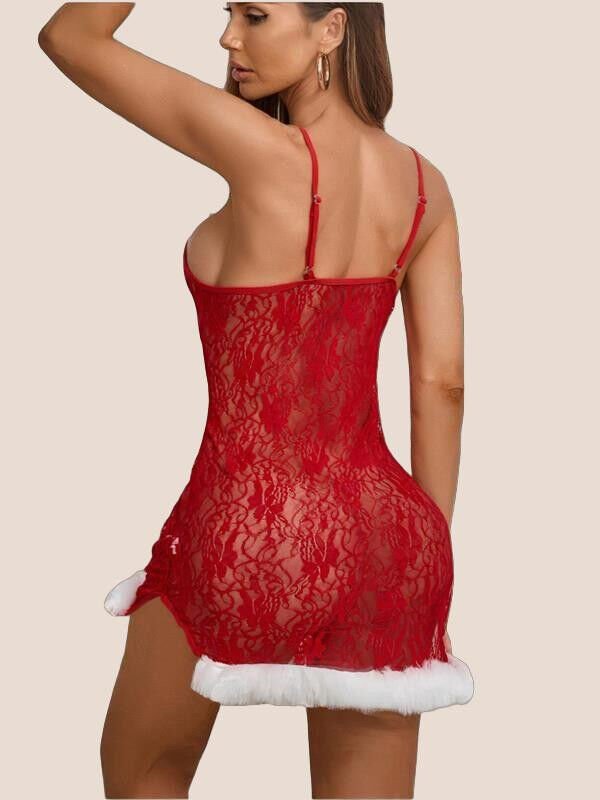 Arias Closet Kırmızı Dantel İşlemeli Fantezi Özel Tasarım Mini Noel Yılbaşı Kostümü