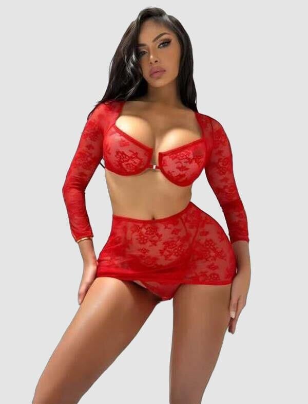 Arias Closet Kırmızı Transparan Fantezi Etekli Bolero Takım