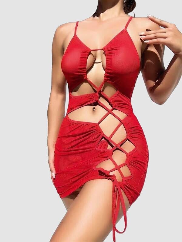 Arias Closet Şık Tasarım Kırmızı İp Bağlamalı Fantezi Gece Elbisesi