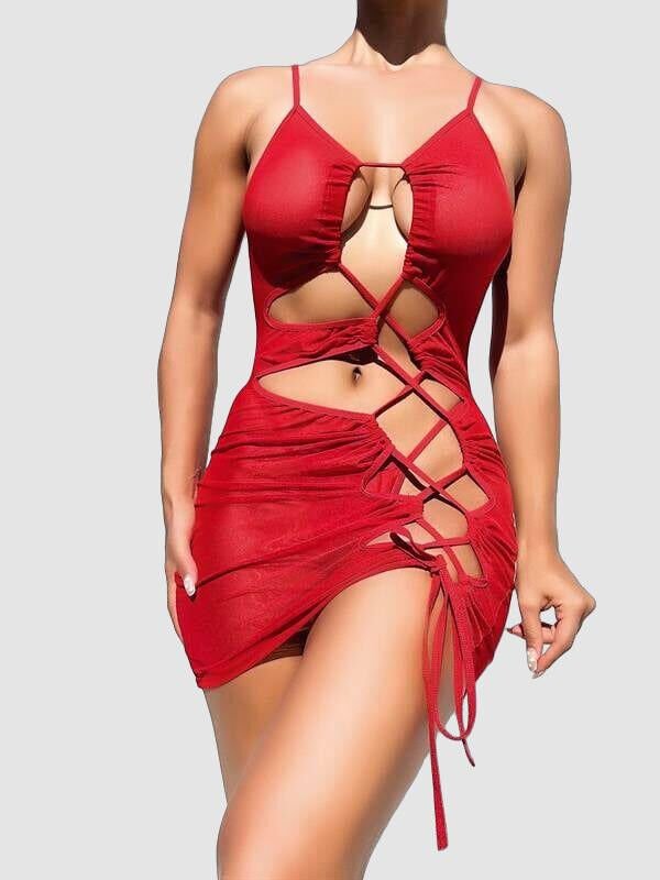 Arias Closet Şık Tasarım Kırmızı İp Bağlamalı Fantezi Gece Elbisesi