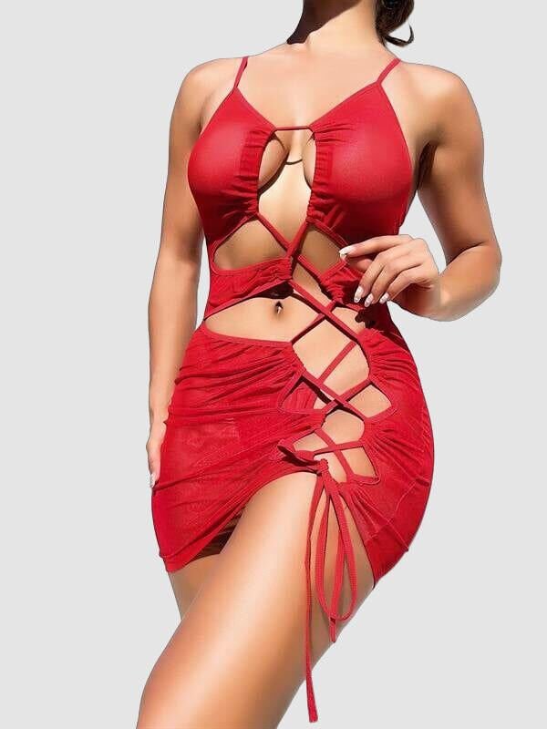 Arias Closet Şık Tasarım Kırmızı İp Bağlamalı Fantezi Gece Elbisesi