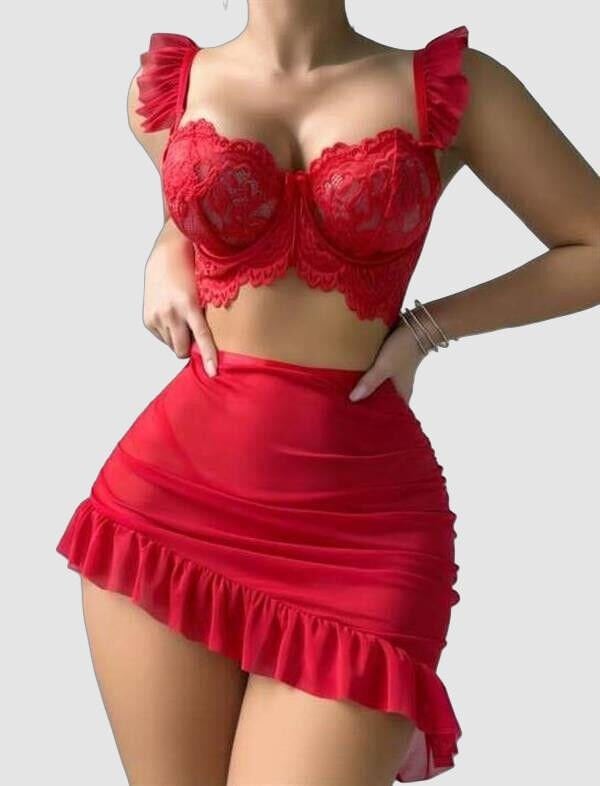 Arias Closet Kırmızı Transparan Fantezi Etekli Fırfırlı Sütyen Takım