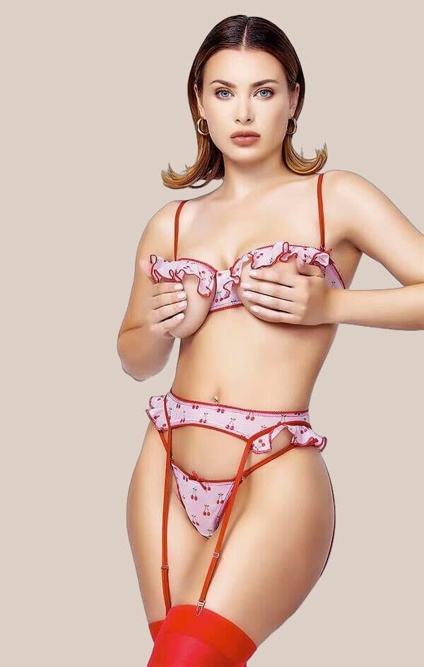 Arias Closet Göğüs Bölgesi Açık Kiraz Desenli Fantezi Jartiyer Takım