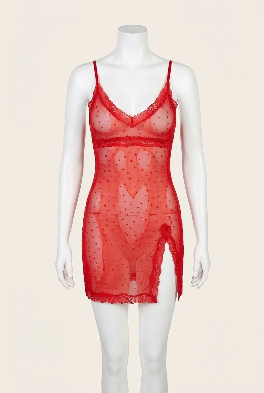 Kırmızı Dantel İşlemeli Yırtmaçlı Fantezi Gecelik