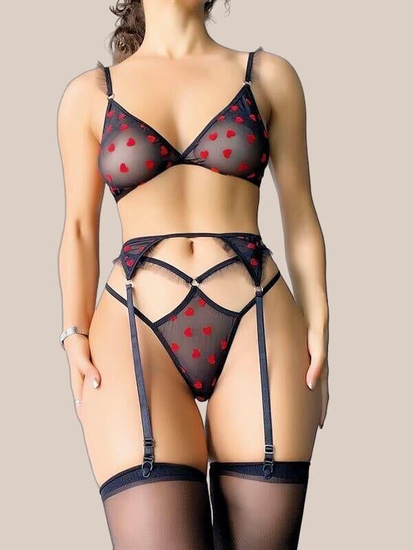 Arias Closet Siyah Kalp Desenli Jartiyerli Sütyen Külot Takımı
